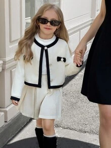 SHEIN Elladie kids 2 件套年轻女孩可爱蝴蝶结装饰黑白短袖夹克和舒适可爱的秋冬裙子套装