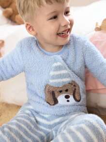 2pcs Young Boy Blue Cartoon Dog Embroidered Fleece Pajama Set,Winter Kids Plush Loungewear,Autumn,Family Matching Sleepwear For Kids Fall - Blue - View 5