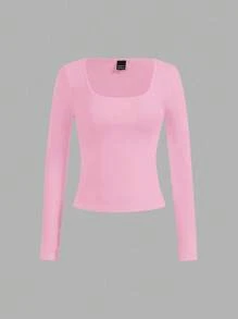 SHEIN Essnce Bộ 4 áo thun cổ tròn tay dài màu trơn đơn giản, thoải mái dành cho nữ, phù hợp cho mùa thu/đông - Nhiều màu - Xem 5