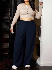 SHEIN EZwear Pantaloni casual larghi e morbidi di taglia comoda in blu navy per donne - Blu Navy - Visualizzare 5