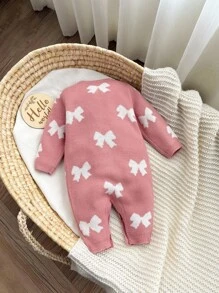 SHEIN Newborn Baby Girl Casual Bow Knit Jumpsuit, Autumn/Winter Baby Winter Clothes Baby Romper Knitted Baby Jumpsuit Baby Jumpsuit Bow Print Baby Clothes Fall - Pink - View 2