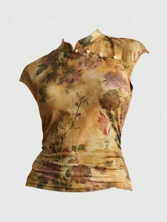 ROMWE Avant Top da donna con colletto alla coreana e motivo floreale vintage