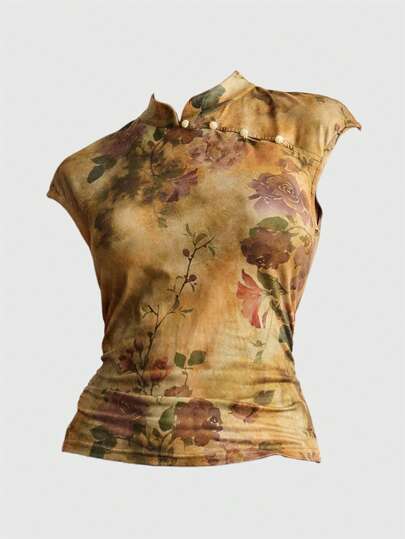 ROMWE Avant Vintage Blumenmuster Damen Stehkragen Top