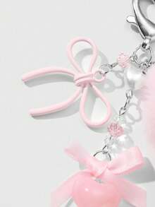 ROMWE Kawaii 1pc Elegant Sweet Minimalist Fashion Collegiate Style Faux Pearl Resin Heart Chain Ribbon Acrylic Bow Pom-Pom DIY Keychain Bag Charm, Suitable For Women, Daily Wear, Holiday Gift - Pink - View 3