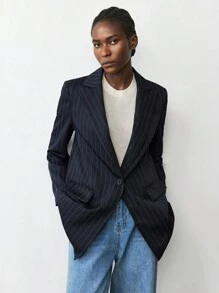 Maija 女士蓝色条纹长款休闲西装外套，秋季百搭都市风格，商务休闲女装，秋季，女士秋季 - 藏蓝色 - 查看 3