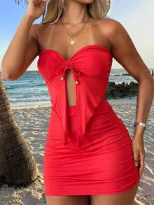 INAWLY Women's Summer New Bandeau Top With Ruffle Hem Asymmetrical Design And Ruched Mini Skirt Sexy 2 Pieces Set - Red - View 3