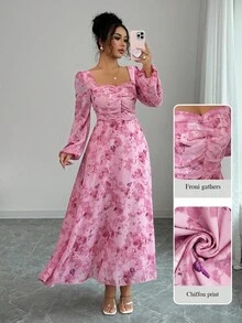 Modelyn Women's Autumn Long Sleeve Chiffon Dress With Front Ruched Design & Butterfly Print Pattern Fall Cloth For Women - Pink - View 6