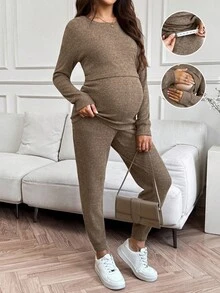 SHEIN Fall Clothes,Autumn Clothes,Maternity Autumn Clothes Maternity Maternity2pcs Maternity Long Sleeve Top And Pants Breastfeeding Set - Camel - View 1