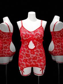 Conjunto de lencería de encaje de talla grande (3 piezas) - Rojo - Ver 6