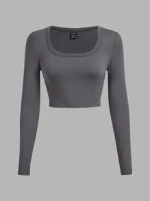 SHEIN EZwear 3 件套休闲简约 U 领长袖短款上衣 T 恤，百搭适合春秋季节 - 彩色 - 查看 5