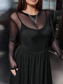 SHEIN EZwear 大码纯色网眼A字长袖休闲连衣裙 - 黑色 - 查看 3