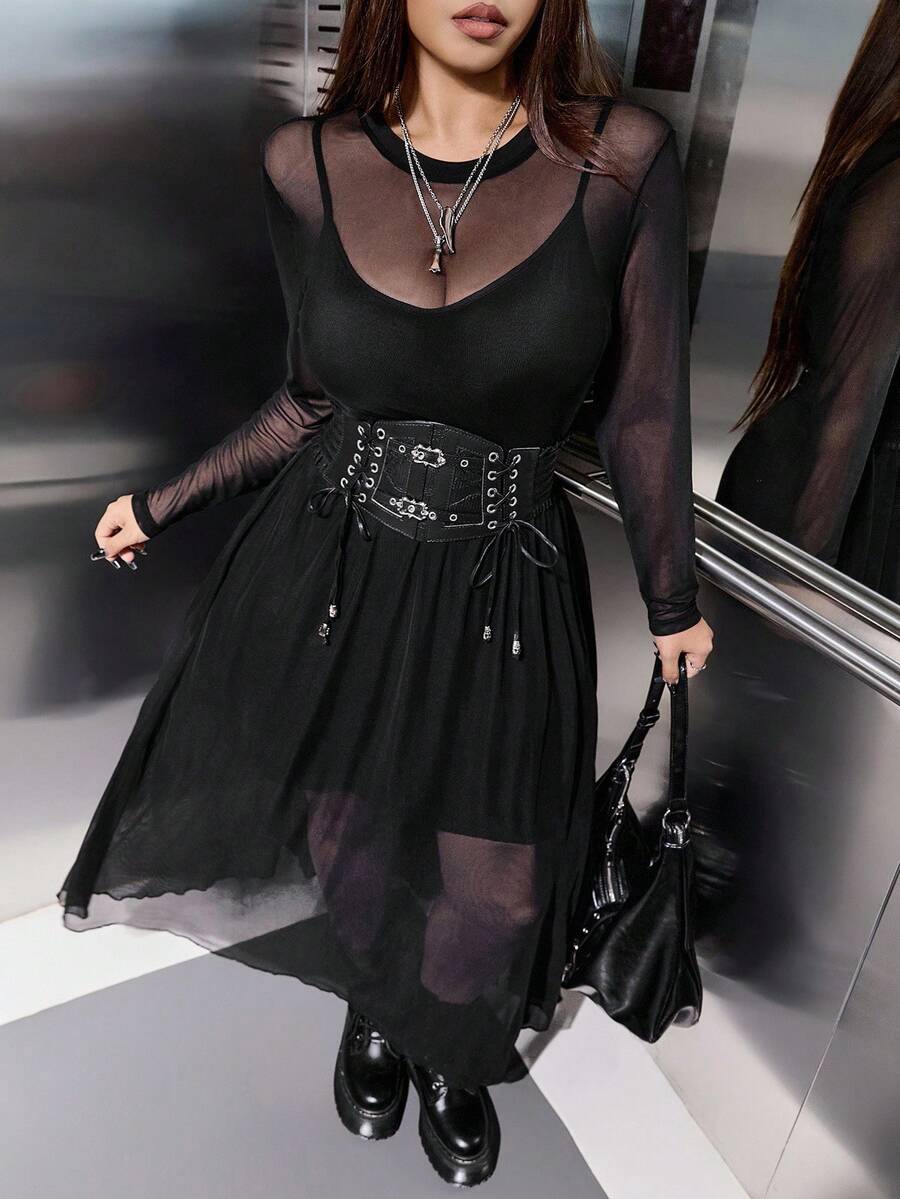 SHEIN EZwear 大码纯色网眼A字长袖休闲连衣裙 - 黑色 - 查看 1