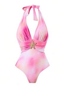 Swim Oasis 2件套女士优雅粉色扎染海星印花连体泳衣和沙滩裙套装，夏季 - 粉色 - 查看 6