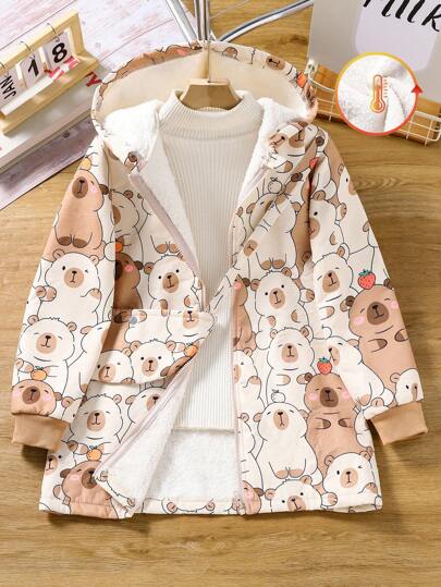 Tween Girls Jacket, Khaki Composite Fleece Jacket For Tween Girls Capybara Digital Printing, Matching Fabric Bag, Spring/Autumn Back To School Season, Casual Fashion Versatile Fall Winter