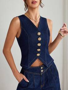 SHEIN Elenzya 女式纯色休闲无袖牛仔上衣 - 藍色 - 查看 4