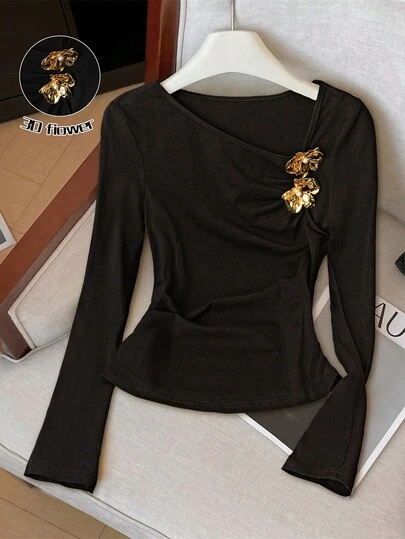 GlowEve 金属装饰不对称领简约女式T恤，适合通勤