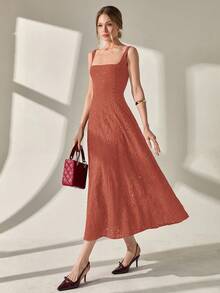 CLARA VERO Elegant Solid Color Hollow Embroidery Sleeveless Dress, Summer - Burnt Orange - View 6