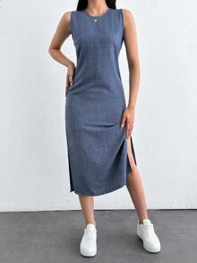 EURMUSE 女式夏季圆领无袖侧开衩下摆休闲连衣裙 - 灰色 - 查看 3