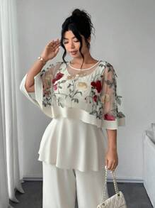 Elenzga Conjunto de dos piezas elegante y casual, formado por una túnica con cuello redondo, empalmado de malla y bordado 3D en talla grande y un mono con cuello redondo, sin mangas y volante en el bajo