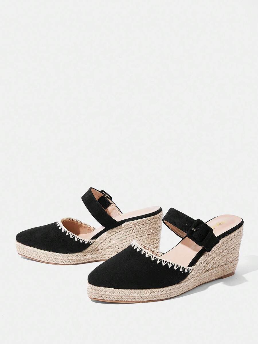 Styleloop Giày vải tối giản cho nữ có quai đeo mắt cá chân, dây chun, khóa kéo phía sau, mũi tròn giả da, khóa kim loại rỗng, dép xăng đan đế xuồng dệt dày màu đen, đi nghỉ - màu đen - Xem 1