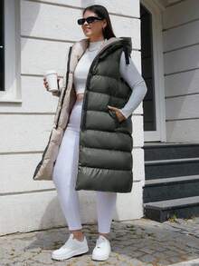 EURMUSE Plus Size Zip Up Drawstring Hooded Puffer Vest Coat - Army Green - View 1