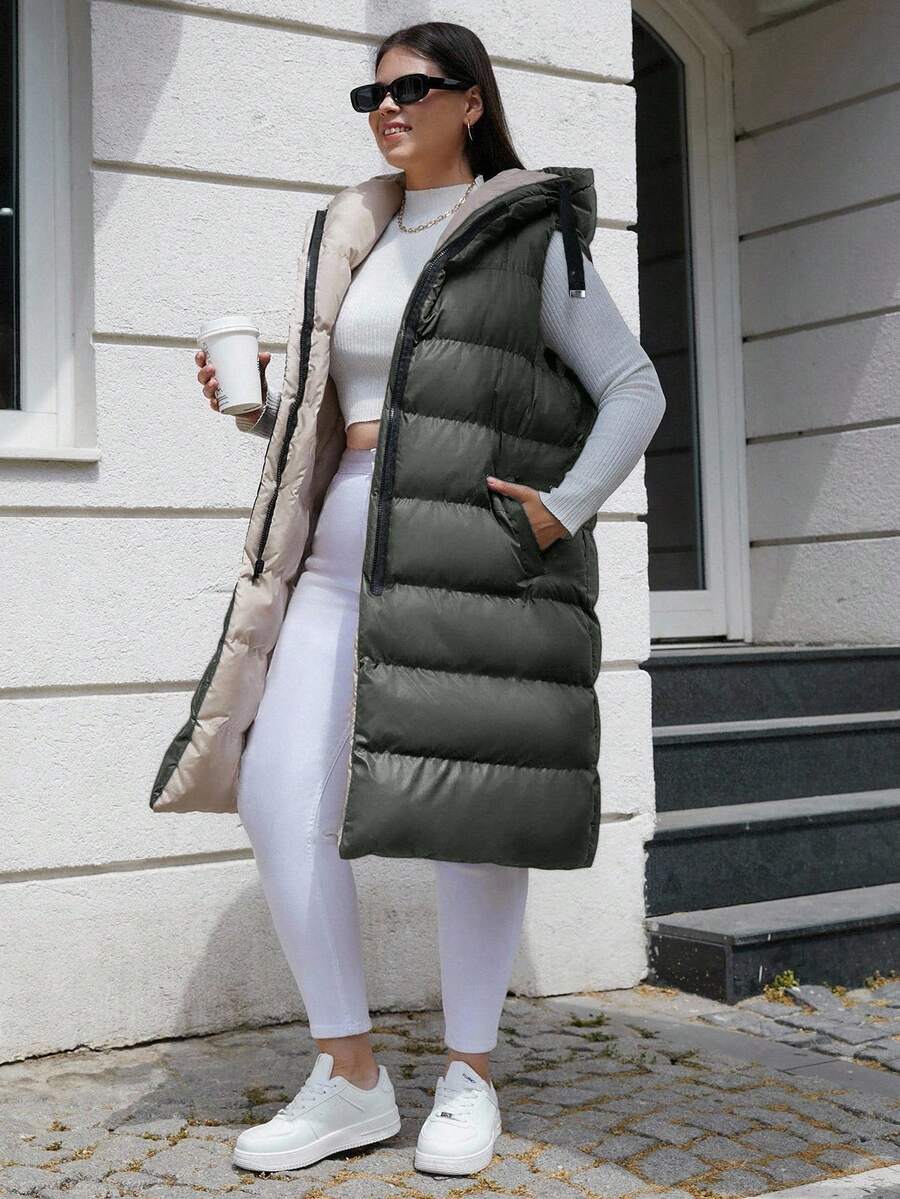 EURMUSE Plus Size Zip Up Drawstring Hooded Puffer Vest Coat - Army Green - View 1