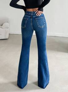 EURMUSE 99%Cotton High Waist Flare Leg Jeans - Dark Wash - View 2