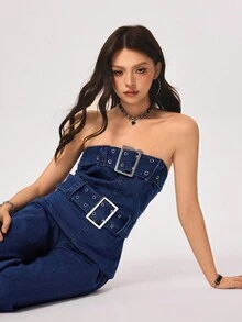 Rivivi 女式时尚挂脖牛仔连体裤 - 深色水洗藍 - 查看 4