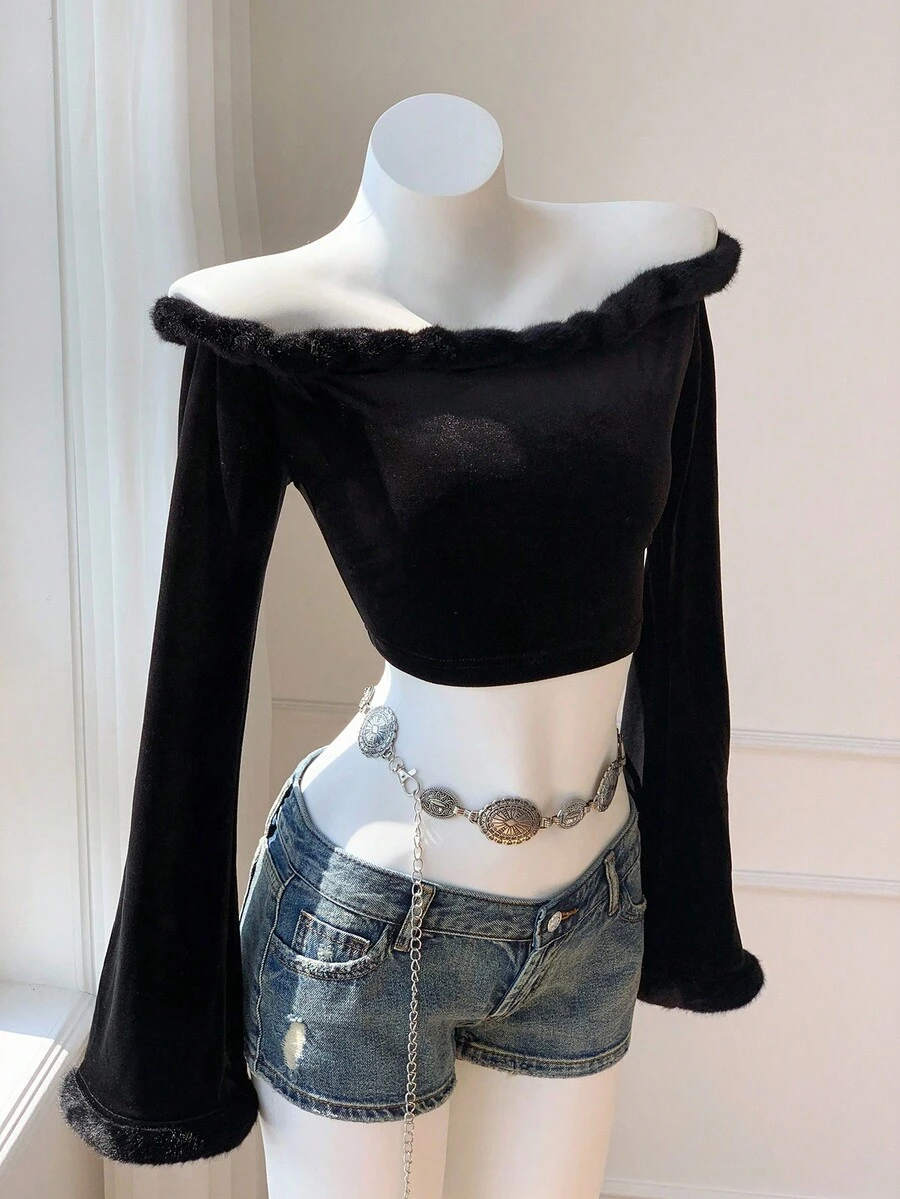Comfortcana Women's Solid Color Fuzzy Trim Off Shoulder Long Sleeve Cropped Fashionable T-Shirt - Black - View 1