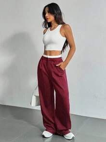 SHEIN EZwear Wine Red Contrast Color Straight Leg Pants, Plus Size - Burgundy - View 4