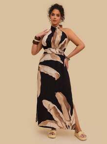 SHEIN VCAY Plus Size Women's Black Leaf Print Maxi Dress, Criss-Cross Halter Neck Backless Sleeveless A-Line Loose Long Dress  Night Out  Going Out Outfits   Off The Shoulder Flowy  Boho Chic  Vacation Outfits Holiday Outfits   Urban Coastal Style Country Outfits Old Money Vintage Clothes - Black - View 6