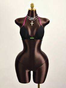 Zestiva Summer Beach Contrast Neon Trim Halter Triangle Bikini Top Bathing Suit - Black - View 3