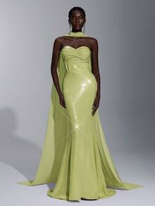 Elitara 优雅奢华的薰衣草色亮片 V 领褶皱紧身胸衣美人鱼下摆正式礼服，适合女士正式晚礼服 - 綠色 - 查看 1