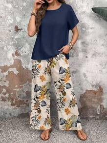 EMERY ROSE 2pcs/Set Women Casual Floral Pattern Round Neck Top And Loose Pants, Versatile For Autumn & Summer Women Wide Leg Pants Floral Pants