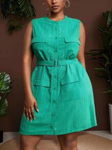 Veslaya 2025 Spring Summer New Elegant Commute & Elegant Party & Elegant Date Solid Dark Green Sleeveless Mandarin Collar Pocket With Belt Skirt Hem Woven Texture Fabric Women Plus Size Mini Shirt Dress