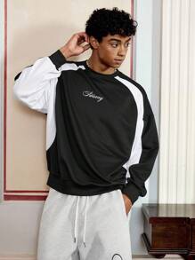 SWAVVY Men's Casual Long Sleeve Pullover Sweatshirt, Black & White Patchwork Graphic Print Crew Neck, For Fall Winter - Black and White - View 4