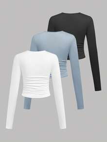 SHEIN Girlism Set de 3 camisetas de manga larga de cuello redondo y unicolor con pliegues casuales para adolescentes chicas