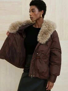 Aveloria Modichic Premium gepolsterter Mantel mit abnehmbarem Fellkragen, kurzer Stil, hochwertiger Wintermantel für Frauen - Kaffeebraun - Übersicht 7
