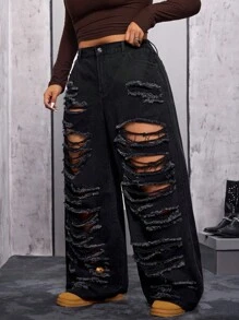 Flirla Plus Size Women Distressed Pocket Wide Leg Loose Casual Versatile Jeans - Black - View 3