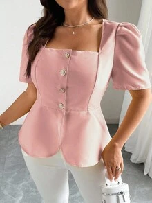 Elenzga Plus Size Women Elegant Solid Color Puff Sleeve Blouse Business Casual Top Square Neck Blouse Women Tops Pink Top Puff Sleeve Top - Pink - View 5