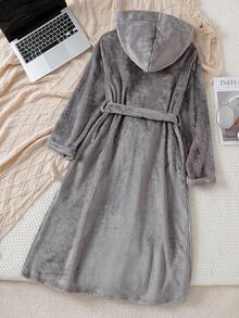 Teen Boys Plush Dinosaur Embroidery Design Hooded Robe With Belt, Long Sleeve Long Pajamas - Grey - View 2