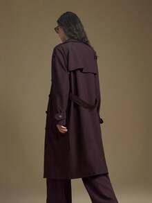 Ontre 2025新款现代都市风深棕色中长款女式风衣翻领宽松版型肩带长袖真口袋商务通勤休闲风秋季服装 - 鏽棕色 - 查看 4