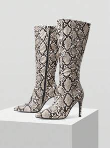 Mnmlis Women's Snake Skin Pointed Toe Fashion Commuting High Heel Boots For Christmas - Black and White - View 2