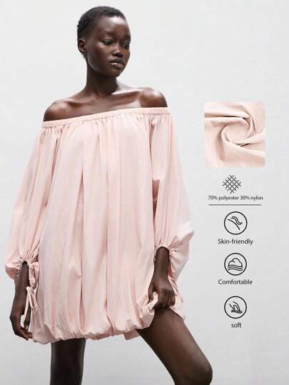 Lumivelle Powdered Rose Romantic Dress 2025 Autumn New Arrival French Style Elegant Off Shoulder Ruched Waist Mini Dress, Puff Sleeve Vacation Sundress, Drawstring Backless Dress, Floral Puff Sleeve Dress, Unique Design Party Dress, Romantic Pink Sweet Dress For Wedding Vintage Casual Outfits Spring Clothes For University