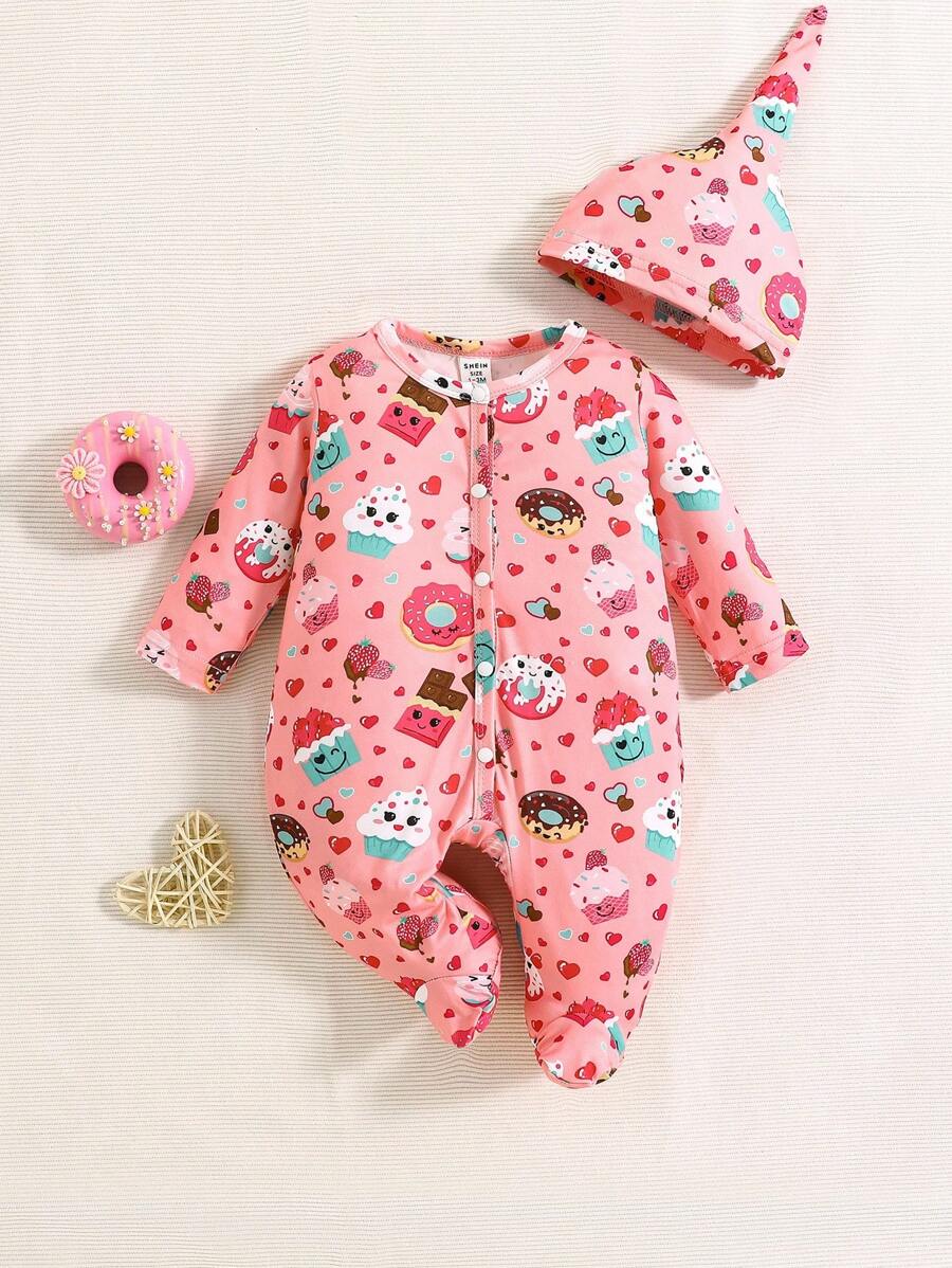 嬰兒女孩卡通圖案連腳睡衣和帽子