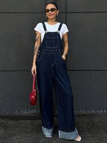 Livesso 女式休闲水洗卷边牛仔背带裤工装裤 - 黑色 - 查看 1