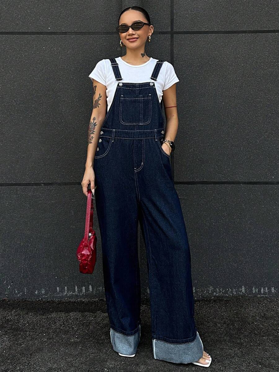 Livesso 女式休闲水洗卷边牛仔背带裤工装裤 - 黑色 - 查看 1