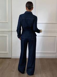 Livesso Höst/Vinter Nytt Löst Casual Urban Stil Dam Denim 2-delat Set - Blå - Visa 2