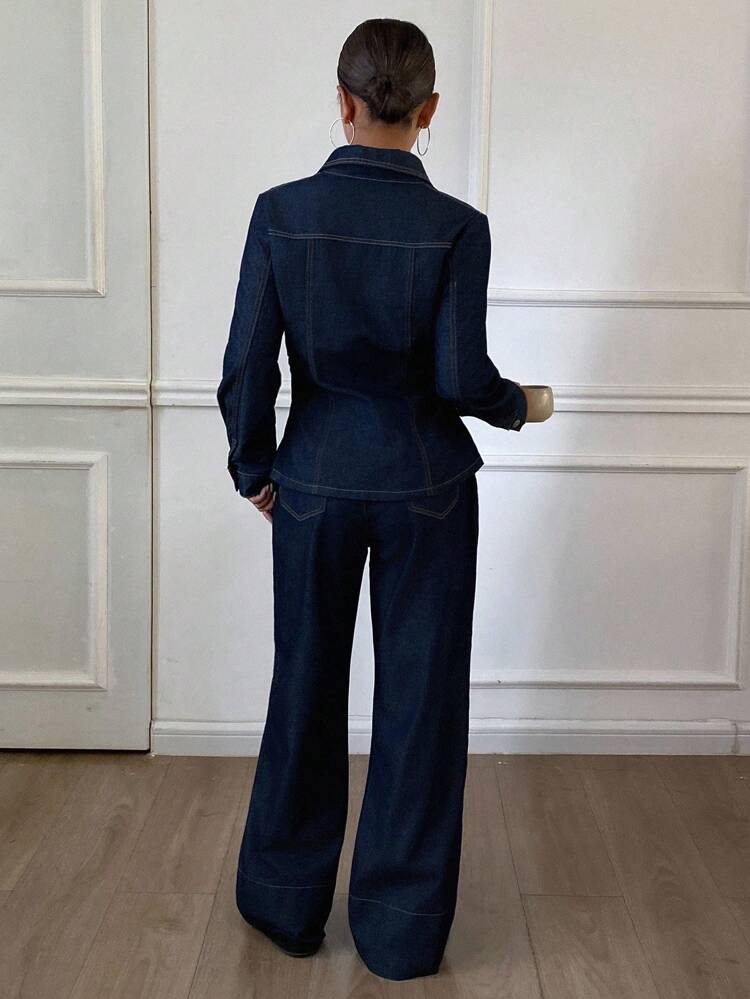 Women's Turndown Collar Vintage Washed Denim Suit