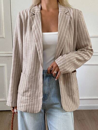 Livesso 女士宽松条纹西装外套，秋季商务装